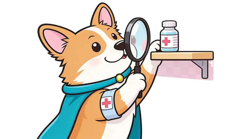 Corgi checking medicine in a cabinet