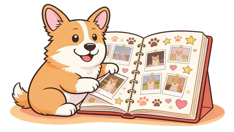 Corgi looking through a pet timeline album