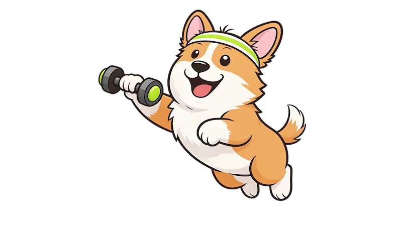 Corgi exercising with a dumbbell